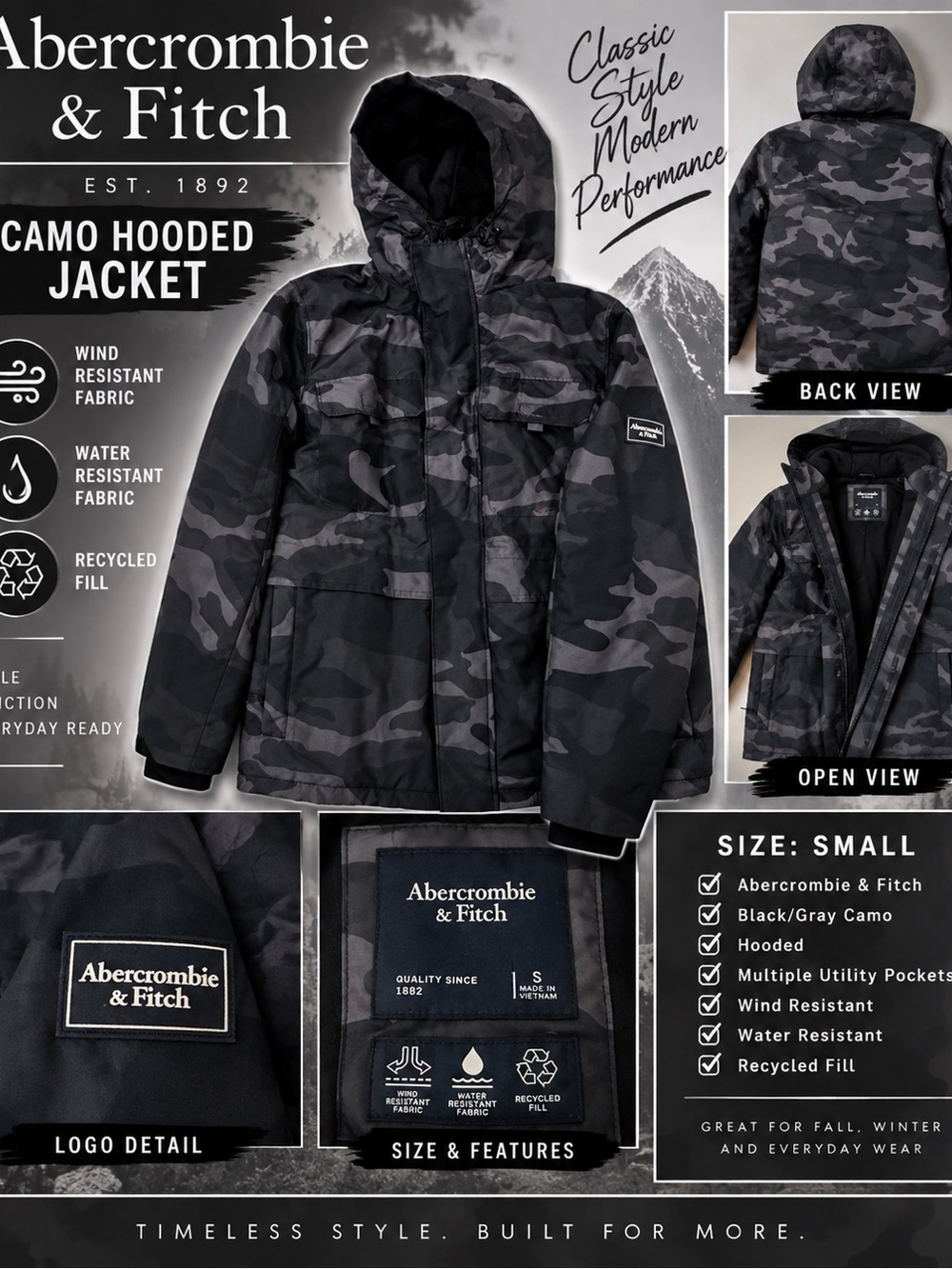 Abercrombie & Fitch Black and Gray Camo Hooded Puffer Jacket